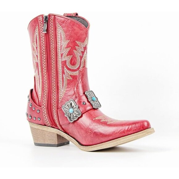 ⚡Women's Red Ankle High Embroidery Pointed Toe Cowgirl Western Boots Pull On - Picture 2 of 6